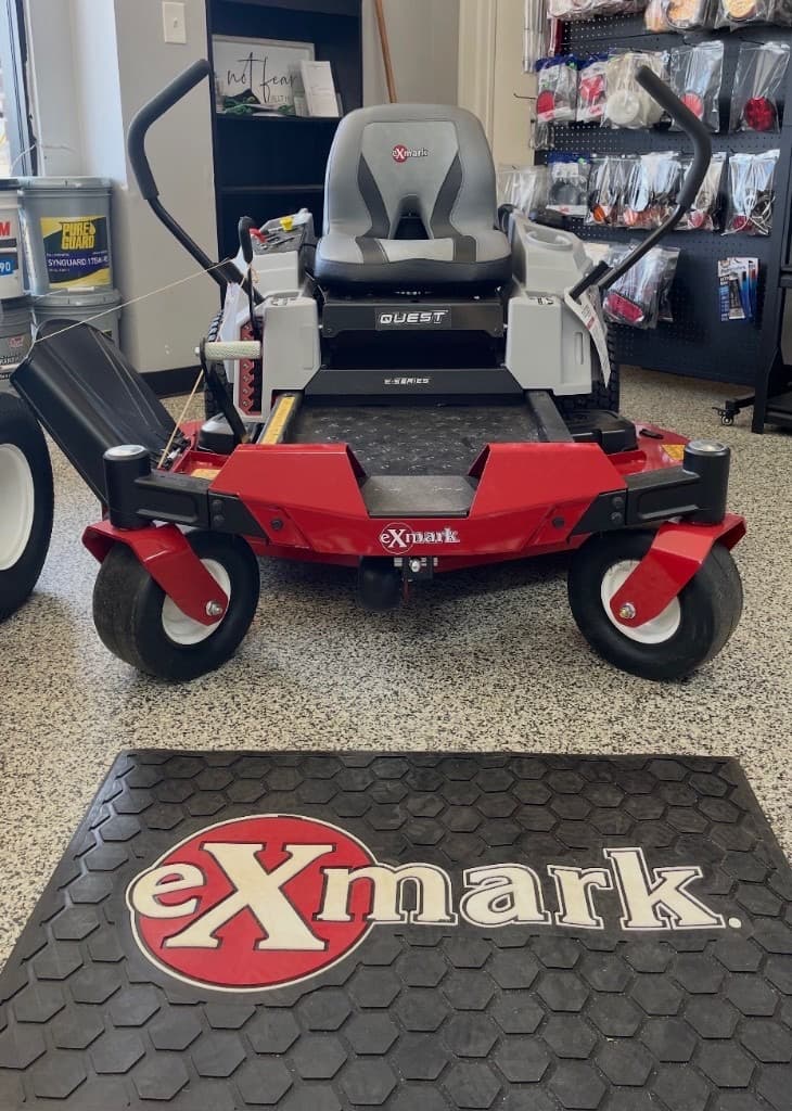 Exmark Quest E-Series zero-turn mower on the showroom floor